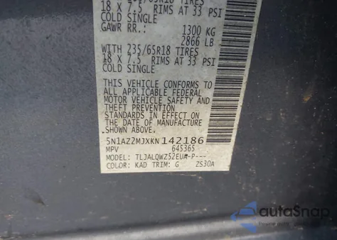 2019 Nissan Murano Sv z USA, uszkodzony, nr VIN 5N1AZ2MJXKN142186